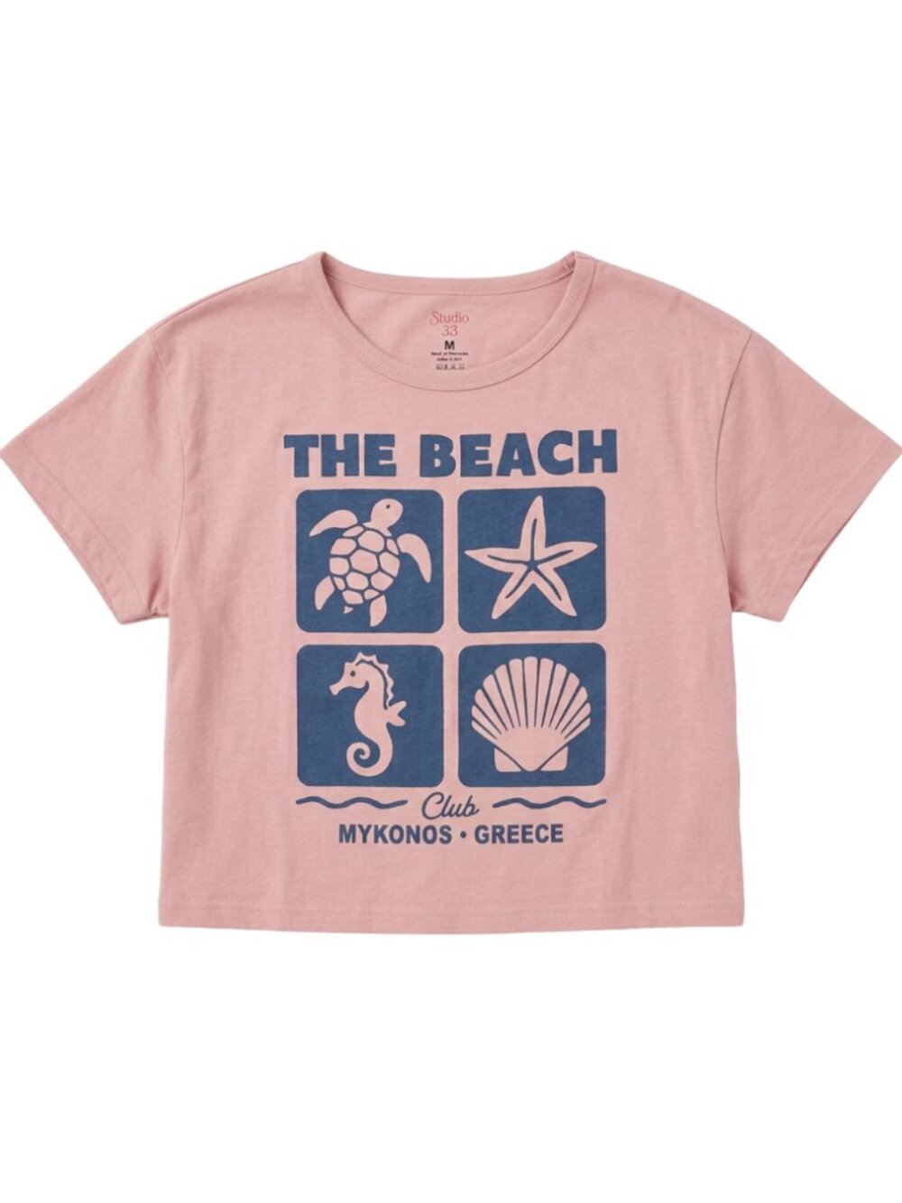 Studio 33 Women’s Mykonos Greece Beach Graphic Crop Top Tee Pink S-XL
